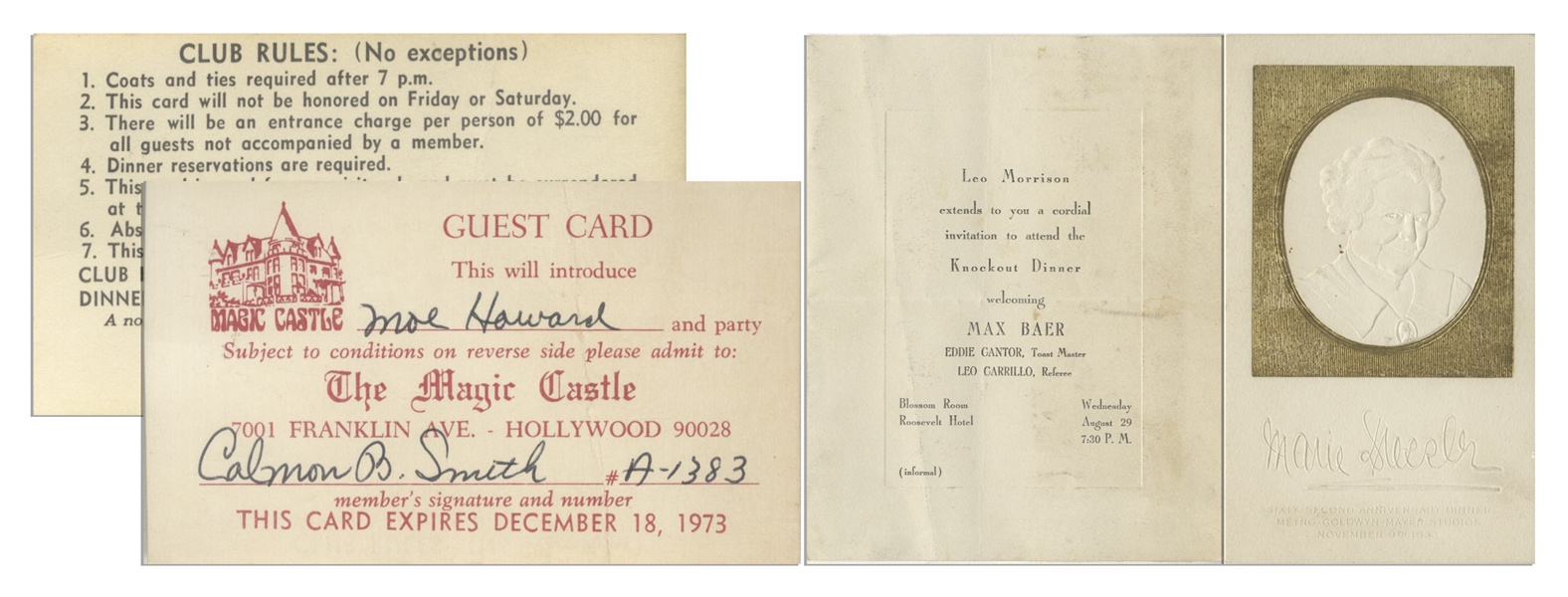 Moe Howard Signed Magic Castle Guest Card -- Plus Invitations to Various Events From as Early as 1933